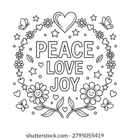 A black and white silhouette design featuring peace love joy text surrounded by flowers, hearts, butterflies, and stars