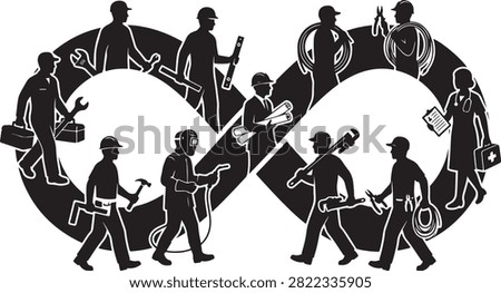 Black and white silhouette of diverse workers and laborers arranged in an infinity loop symbol representing continuous labor