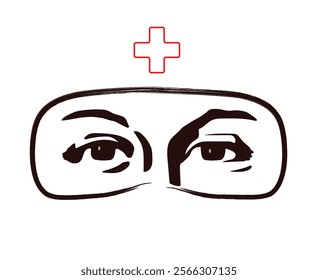 Black and white silhouette of a doctor s eyes in a medical mask