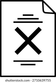 Silueta en blanco y negro de un documento con la esquina doblada y la marca X central que representa el Estado de archivos rechazados, eliminados, No válidos o cancelados en contextos administrativos, digitales o legales

