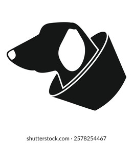 Black and white silhouette of a dog's head wearing a protective veterinary collar after surgery