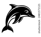 A black and white silhouette of a dolphin jumping out of the water