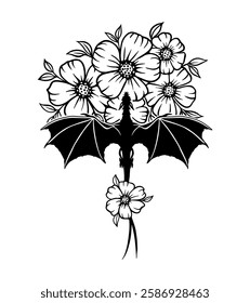 Black and white silhouette of a dragon with outstretched wings, seamlessly blending into blooming flowers. A unique fusion of fantasy and nature, perfect for tattoos, prints, and decorative art.