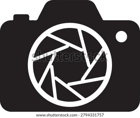 Black and white silhouette of a dslr camera with a circular aperture shutter lens