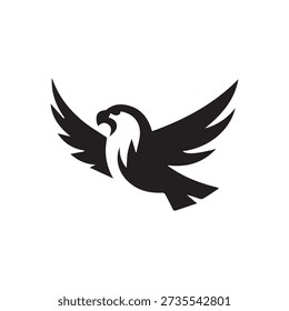 Black and white silhouette of an eagle in flight, wings spread wide, fierce expression, symbol of freedom and power, dynamic pose, bold graphic design, wild animal representation, avian predator, majestic creature.