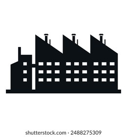 Black and white silhouette of a factory building with multiple chimneys. Large industrial structure with multiple windows.