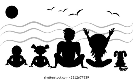 Black and white silhouette of a family vacationing on the beach. Dad, mom, son, daughter, and dog sitting on the beach watching the sunset. Back view.