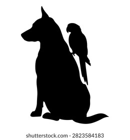 Black and white silhouette featuring a dog with a bird perched on its back, emphasizing animal companionship and nature themes.