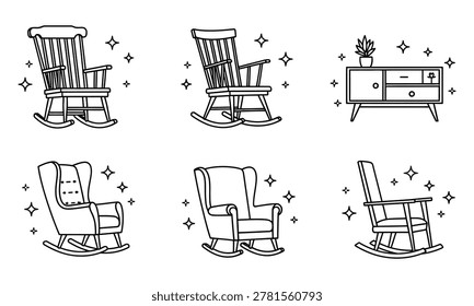 A black and white silhouette featuring multiple rocking chairs and a sideboard with a plant on top, surrounded by sparkles.