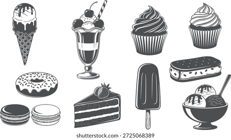 A black and white silhouette featuring various desserts and ice cream treats
