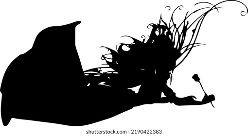 Black and White Silhouette of A Female Fairy with Wings Wearing Long Gown Standing, Flying, and Laying