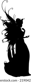 Black and White Silhouette of A Female Fairy with Wings Wearing Long Gown Standing, Flying, and Laying