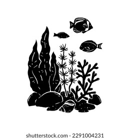 Black and white silhouette of fish, seaweed, sea shell and corals. Nature hand drawn elements for design. Underwater plants and fish for aquarium