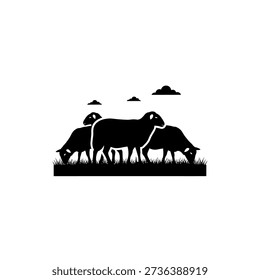 A black and white silhouette of a flock of sheep grazing on grass with clouds in the background, depicting a serene pastoral scene.