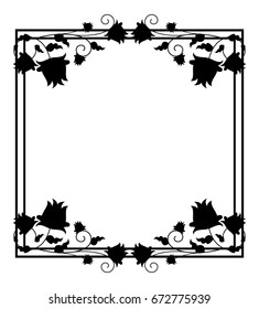 Black and white silhouette floral frame. Vector clip art