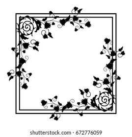 Black and white silhouette floral frame. Vector clip art