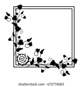 Black and white silhouette floral frame. Vector clip art