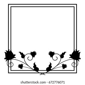 Black and white silhouette floral frame. Vector clip art
