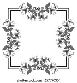 Black and white silhouette floral square frame. Ornament for laser engraving. Vector clip art.