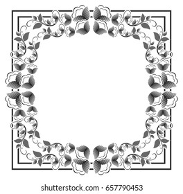 Black and white silhouette floral square frame. Ornament for laser engraving. Vector clip art.