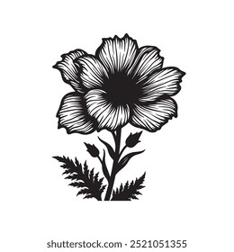 A black and white silhouette flower illustration with a white background