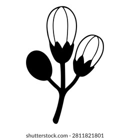 A black and white silhouette of a flower with three buds on a single stem, emphasizing natural botanical shapes and floral design elements.