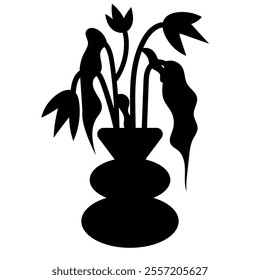 Black and white silhouette of flowers in a vase.   Graphic element  for fabric, textile, clothing, wrapping paper, wallpaper, poster. 