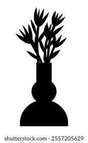 Black and white silhouette of flowers in a vase.   Graphic element  for fabric, textile, clothing, wrapping paper, wallpaper, poster. 