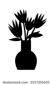 Black and white silhouette of flowers in a vase.   Graphic element  for fabric, textile, clothing, wrapping paper, wallpaper, poster. 