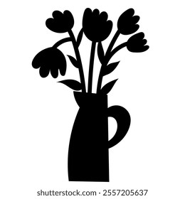 Black and white silhouette of flowers in a vase.   Graphic element  for fabric, textile, clothing, wrapping paper, wallpaper, poster. 