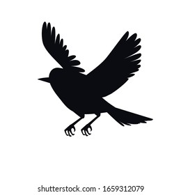 The black and white silhouette of a flying bird. A sparrow or tits in a flat style vector.