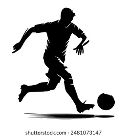 Black and white silhouette of a footballer in action, dribbling the ball. Energetic soccer player playing with football.