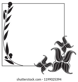 Black and white silhouette frame with butterflies. Vector clip art.