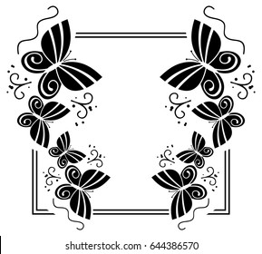 Black and white silhouette frame with butterflies. Vector clip art.