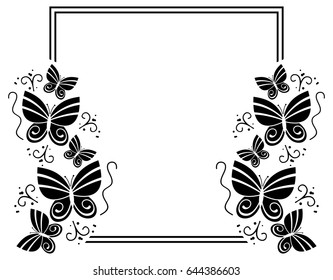 Black and white silhouette frame with butterflies. Vector clip art.