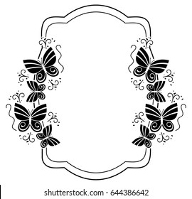 Black and white silhouette frame with butterflies. Vector clip art.