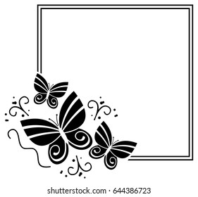 Black and white silhouette frame with butterflies. Vector clip art.