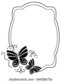 Black and white silhouette frame with butterflies. Vector clip art.