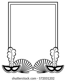 Black and white silhouette  frame with carnival masks. Copy space. Vector clip art.