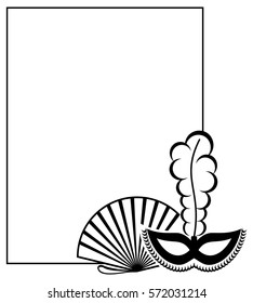 Black and white silhouette  frame with carnival masks. Copy space. Vector clip art.