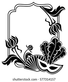 Black and white silhouette frame with carnival masks and abstract flowers. Copy space. Vector clip art.