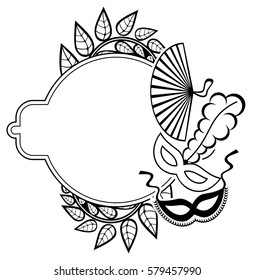 Black and white silhouette frame with carnival masks and abstract flowers. Copy space. Vector clip art.