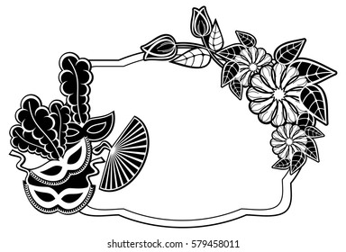 Black and white silhouette frame with carnival masks and abstract flowers. Copy space. Vector clip art.