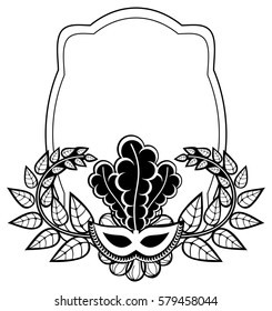 Black and white silhouette frame with carnival masks and abstract flowers. Copy space. Vector clip art.