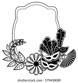 Black and white silhouette frame with carnival masks and abstract flowers. Copy space. Vector clip art.