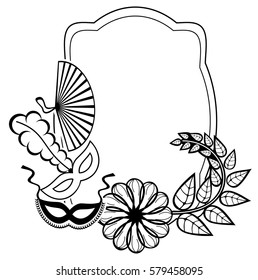 Black and white silhouette frame with carnival masks and abstract flowers. Copy space. Vector clip art.