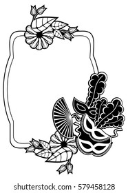 Black and white silhouette frame with carnival masks and abstract flowers. Copy space. Vector clip art.