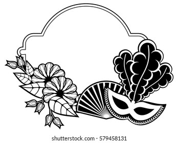 Black and white silhouette frame with carnival masks and abstract flowers. Copy space. Vector clip art.