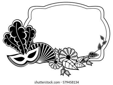 Black and white silhouette frame with carnival masks and abstract flowers. Copy space. Vector clip art.