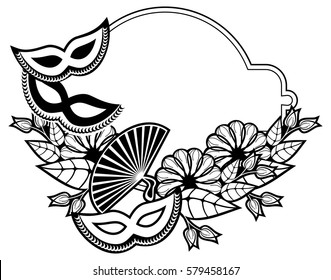 Black and white silhouette frame with carnival masks and abstract flowers. Copy space. Vector clip art.